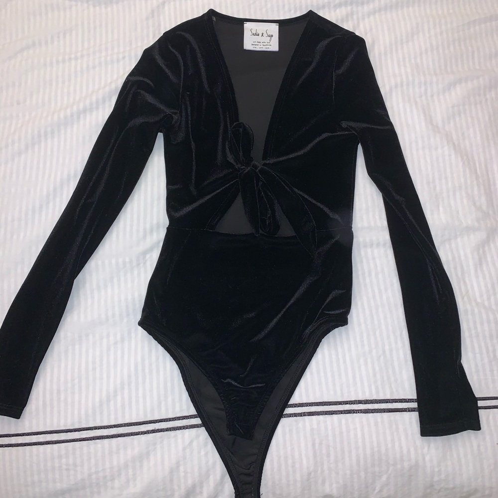 Black velvet body suit with bow detail